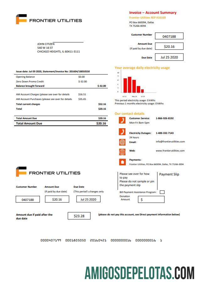 imprimível Modelo de conta de serviços públicos dos EUA Texas Frontier Utilities em formato Word e PDF